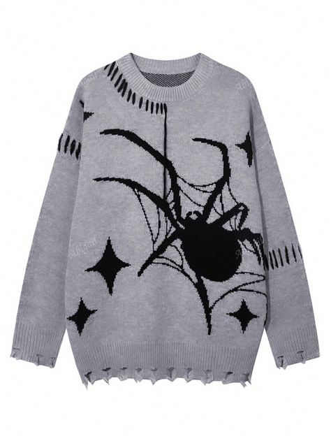 Fashionable Plus Size Women Casual Spider Jacquard Distressed Hem Knit PulloverI discovered amazing products on SHEIN.com, come check them out! Trendy Knit Sweaters, Dope Sweaters, Ripped Sweater, Vintage Street Style, Cool Aesthetic, Jacquard Design, Jacquard Sweater, Hem Sweater, Long Sleeve Knit Sweaters