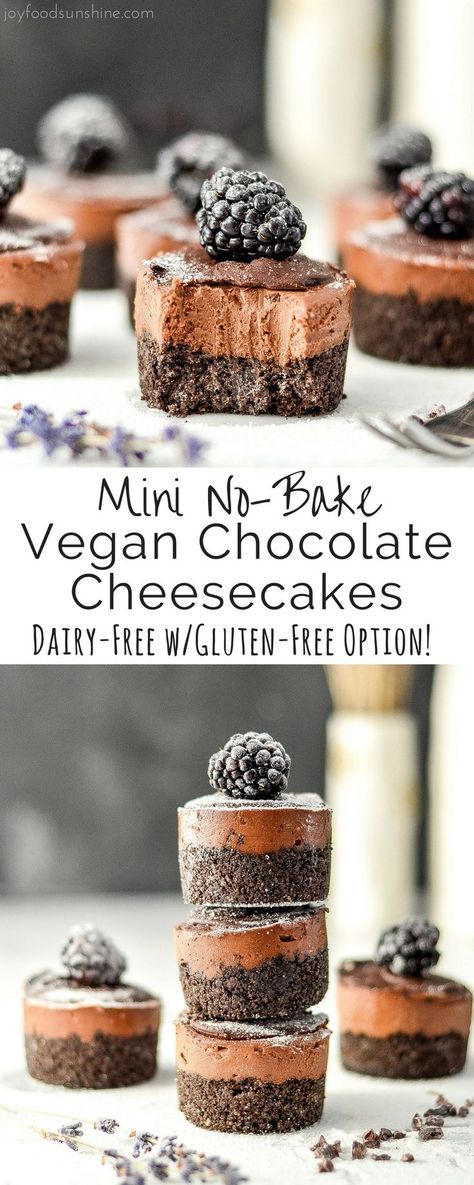 Mini No-Bake Vegan Chocolate Cheesecakes are a simple, elegant dessert that are easy and delicious! Vegan with a gluten-free option! Healthy Vegan Dessert, Weight Watcher Desserts, Cheesecake Vegan, Dessert Oreo, Desserts Keto, Chocolate Cheesecake Recipes, Nutella Cake, Raw Cake, Brownie Desserts