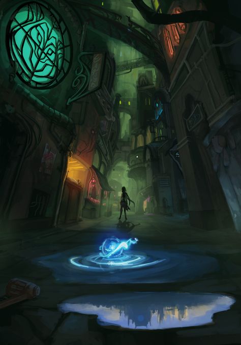 Arcane Building Concept Art, Under City Arcane, Arcane Cityscape, Aetherpunk City, Arcane Buildings, Arcane Concept Art Environment, Arcane Background Art, Undercity Arcane, Arcane Undercity