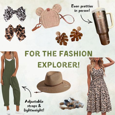 Jambo! Heading to Animal Kingdom? Take a look at all these options! I have ideas for the whole family, the fashionista, and Kilimanjaro Safari! I have found the cutest fashion outfits that can be paired with a Mickey straw crossbody and earrings! Don’t forget a Stanley cup to stay hydrated. Yes, it’s laser engraved! Checkout all the items and accessories to help inspire your next castlebounding outfit.

To shop the product, click on the Canva link in the corner, then click on the product in the picture! Animal Kingdom Outfit Ideas, Animal Kingdom Outfit, Stanley Cup, Stay Hydrated, Animal Kingdom, Cute Fashion, Laser Engraved, The Fashion, Laser Engraving