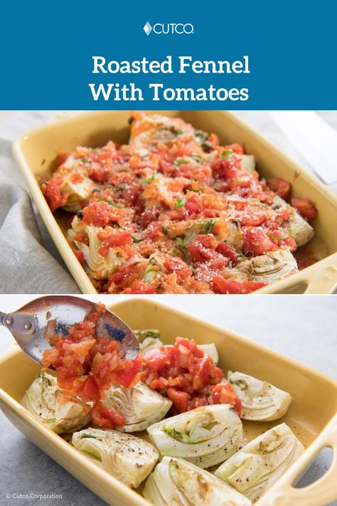 This time of the year, fennel is in abundance, but what do you make with it? This delicious side, with tomatoes and garlic added in, is a triple win: surprisingly sweet, easy to prepare, and nutritious. 😋 Enjoy! #MyCutco #FennelRecipes #HarvestMeals #EasyFallTreats #SimpleSideDishesForDinner Recipes With Fennel Seeds, Baked Fennel, Fennel Recipes, Sweet Easy, Roasted Fennel, Tomato Recipes, The Dinner, Vegetable Sides, Eating Raw