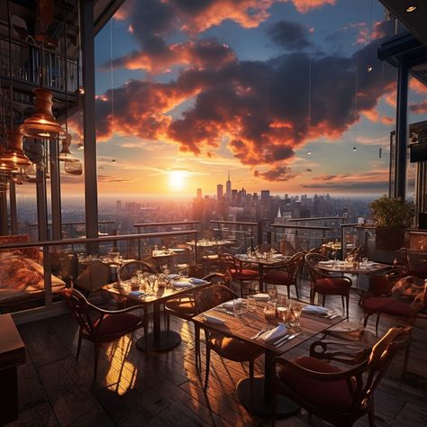 Rooftop Restaurants with Incredible City Skyline Views Restaurant With A View, Rooftop At Night Aesthetic, Sky Restaurant, Rooftop Restaurants, Elegant Restaurants, Three Wishes, Spice Island, Rooftop Party, High Building