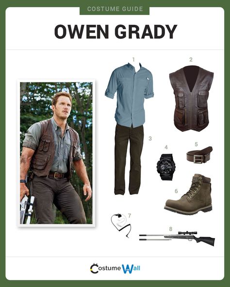 Dress Like Owen Grady (Chris Pratt) from Jurassic World. See additional costumes and Owen Grady cosplays. Owen Grady Costume, Owen Jurassic World, Jurassic Park Costume, Owen Grady, Park Party, Costume Guide, Costume Diy, Dinosaur Birthday Party, Chris Pratt