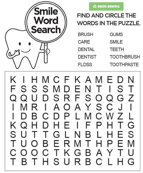 Looking for an activity for your kids? Check out this word search for #ChildrensDentalHealthMonth! #DeltaDental Dentist Activities, Dental Crafts, Dental Activities, Hygiene Lessons, Dental Health Week, Hygiene Activities, Dental Health Activities, Dental Care For Kids, Health Lesson Plans