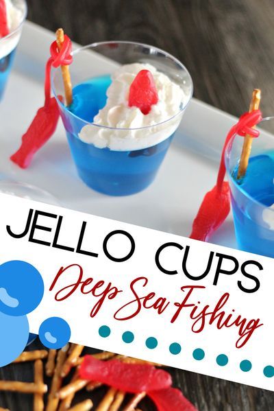 LET’S GO FISHING! IT’S FUN AND EASY WITH THESE DEEP SEA FISHING JELLO CUPS!  When you sit down to read with your kids, what’s their favorite book? We are loving Dr. Seuss’s “One Fish, Two Fish” right now. For those of you who might not remember that story from your own childhood, it starts out with,One fish, Two fish, Red Fish, Blue Fish Fishing Cups, Vbs Snacks, Jello Cups, Blue Jello, Gluten Free Pretzels, Plastic Party Cups, Cotton Candy Flavoring, Swedish Fish, Party Plan