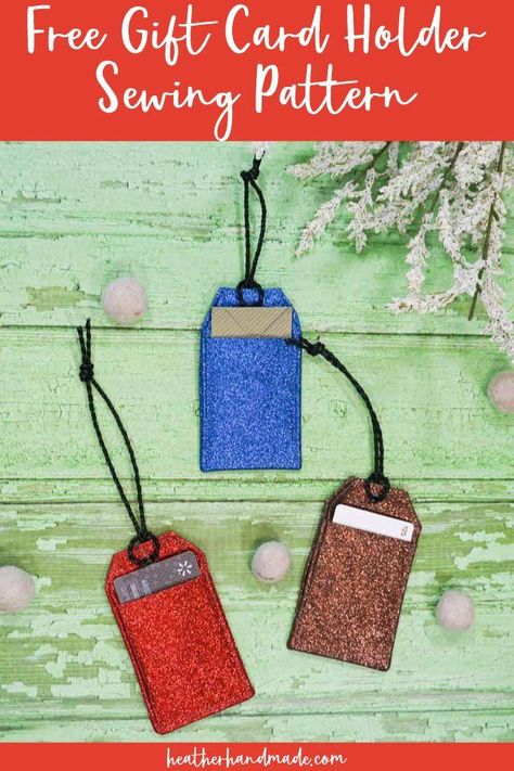 Learn how to make a gift card holder with a free sewing pattern. These look like Christmas tags and can hold a gift card or tiny envelope! Sometimes the best gift is a gift card. Especially for those people in your life who have everything. Make it exciting by making a gift card holder with this free sewing pattern. You can use any quilting cotton fabric, and I used glitter fabric to make it more eye-catching. If you want you can add a really nice note in a mini envelope for a heartwarming gift. Card Holder Sewing Pattern, Card Holder Sewing, Free Gift Card Holder, Camp Projects, Gift Card Holder Diy, Free Sewing Pattern, Mini Envelopes, Sewing Blogs, Christmas Tags