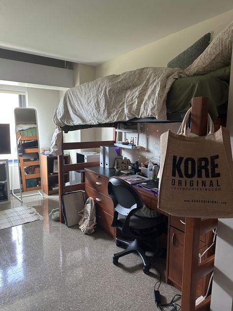 Ball State University Aesthetic, Ball State University Dorm, Green And Brown Dorm Room, Brown University Dorm, Kpop Dorm Room, University Dorm Aesthetic, White Aesthetic Kpop, University Dorm Room Decor, University Dorm Room