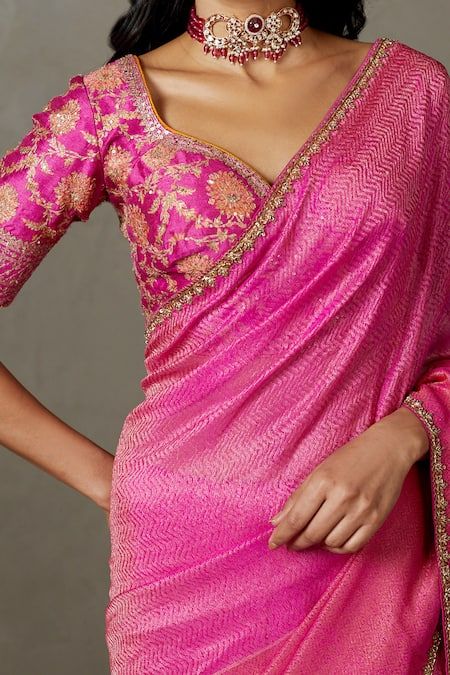 Buy Fuchsia Nilambari Silk Printed Zari Saree With Embroidered Blouse For Women by RI.Ritu Kumar Online at Aza Fashions. Balloon Hands Blouse For Saree, Pink Blouse Designs For Saree Silk, Hot Pink Saree, Modern Blouse Designs, Blouses Pattern, Indian Fits, Pink Blouse Designs, Zari Saree, Hot Pink Blouses