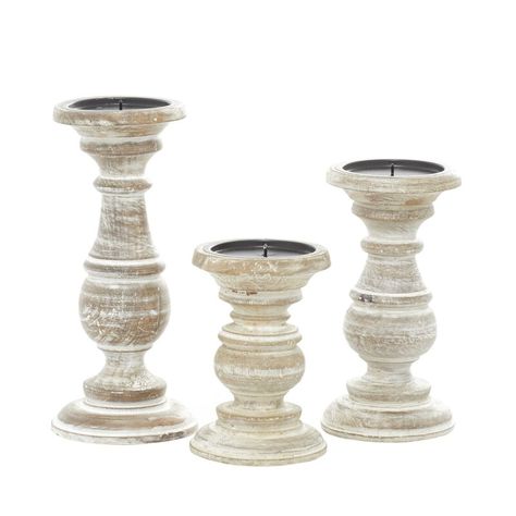 Laurel Foundry Modern Farmhouse 3 Piece Wood Tabletop Candlestick Set & Reviews | Wayfair.ca Wood Pillar Candle Holders, Farmhouse Candle Holders, Wooden Candlestick Holders, Traditional Candle, Farmhouse Candles, Candleholder Centerpieces, Wooden Candle Sticks, Wooden Candle Holders, Wood Candle Holders