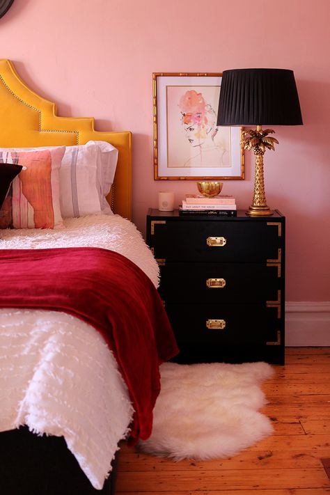 Boho Glam Blush pink bedroom with yellow headboard and black and gold accents Boho Glam Bedroom, Yellow Headboard, Glam Bedroom Ideas, Blush Pink Bedroom, Bedroom Yellow, Pink Headboard, Pink Bedroom Design, Farrow & Ball, Glam Bedroom