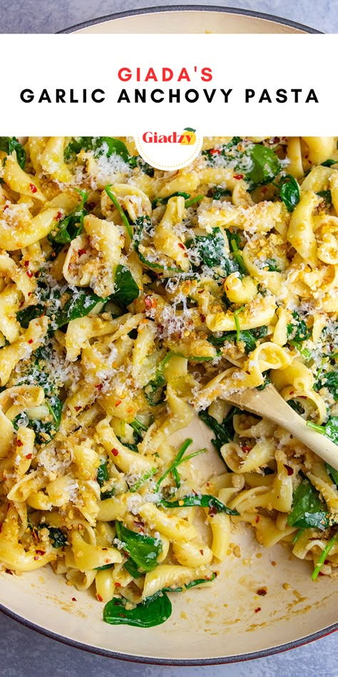 How To Use Anchovies, Anchioves Pasta, Garlic Anchovy Pasta, Bobby Flay Anchovy Pasta, Gigli Pasta Recipes, Pasta Spinach Recipes, Campanelle Pasta Recipes, Unique Pasta Recipes, Pantry Pasta