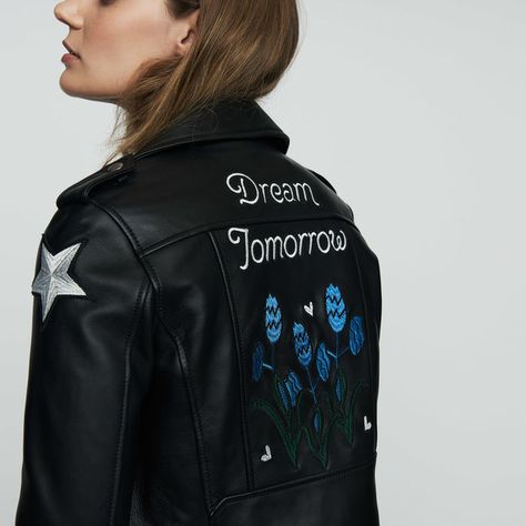 BREAMBREAM BLACK | maje.com Maje Leather Jacket, Leather Jacket Details, Collarless Leather Jacket, Embroidered Leather Jacket, Moto Leather Jacket, Black Motorcycle Jacket, Womens Moto Jacket, Cropped Moto Jacket, Moto Biker Jacket