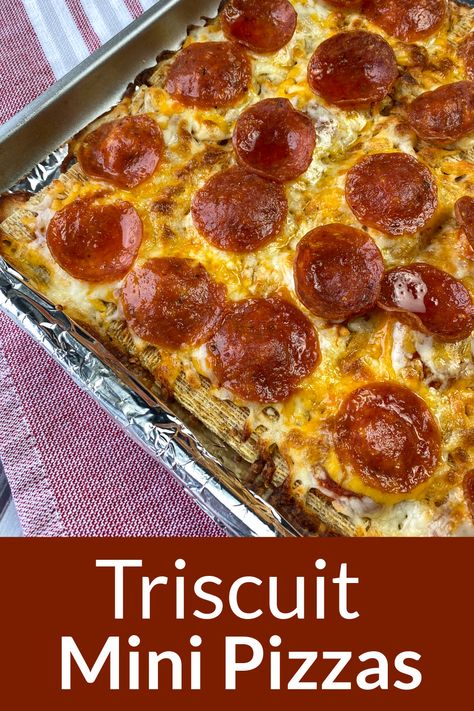 Air fryer tray of Triscuit mini pizzas Taco Stromboli, Triscuit Pizza, Fun Party Food, Quick Easy Family Meals, Food To Share, Pepperoni Pizza Bites, Potluck Food, Tin Recipes, Scratch Cooking