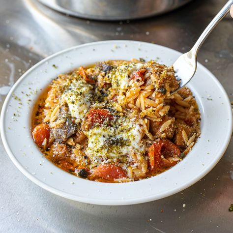 Parm Orzo, Mob Kitchen, Eggplant Parmigiana, Vegetable Puree, Roasted Tomatoes, Meat Free, Orzo, Veggie Recipes, Pasta Dishes