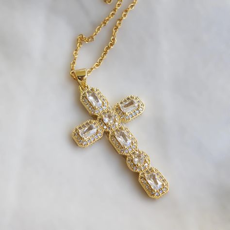 Antique Style Jewelry, Golden Cross, Crystal Cross, Gold Cross Necklace, Victorian Gold, Jewelry Statement, Cz Pendant, Gold Crystal, Timeless Accessories