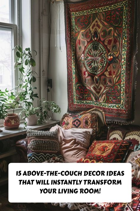 Elevate your living room style with these 15 creative above-the-couch decor ideas! 🖼️ From gallery walls to statement art, find the perfect way to fill that blank space. #LivingRoomDecor #AboveTheCouch #HomeInspo Above The Couch Decor, Couch Decor Ideas, Dark Boho Living Room, Above The Couch, Behind Sofa, Family Photo Collages, Above Couch, Decorating Walls, Linear Pattern