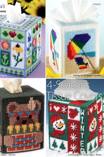 4 Seasons Tissue Covers in Plastic Canvas Patterns #crafts Beginners Cross Stitch, Plastic Canvas Box Patterns, Plastic Canvas Books, Kleenex Box Cover, Plastic Canvas Coasters, Christmas Crochet Pattern, Plastic Canvas Pattern, Plastic Canvas Stitches, Crochet For Beginners Blanket