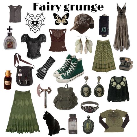 Swamp Aesthetic Clothes, Fairy Grunge Collage, Grunge Collage, Fairy Grunge Outfit, Peony Aesthetic, Grunge Fits, Alt Clothes, Fashion Kawaii, Street Outfits