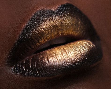 Black And Gold Lipstick, Gold Lipstick Black Women, Silver And Gold Makeup Looks, Gold Witch Makeup, Black And Gold Eyeshadow Looks, Black And Orange Makeup, Gold And Black Makeup Looks, Black And Gold Clothing, Black And Gold Makeup Looks