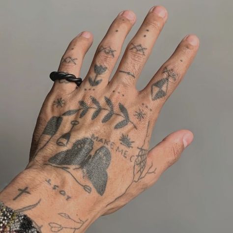 Hand Tattoo Patchwork, Freefall Tattoo Rks, Sticker Sleeve Tattoo Men, Hand Tattoo Designs Men Ideas, Hand Tattoos For Guys Ideas Design, Men’s Small Tattoos, Man Hand Tattoo, Men’s Hand Tattoos, Finger Tattoo For Men