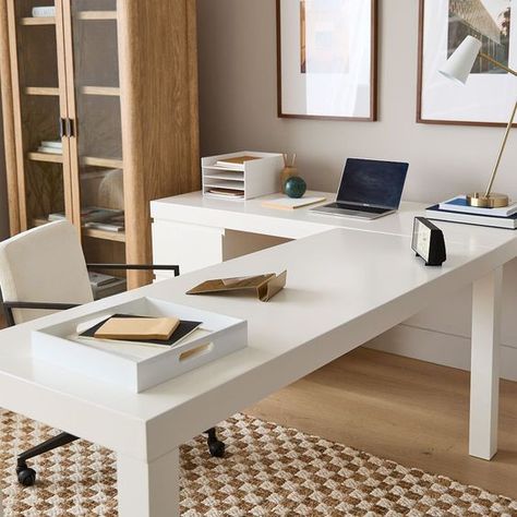 White Home Office Desk, L Shaped Desk White, White Desk Office Decor, L-shaped Desk, Large Desk Home Office, Home Office L Shaped Desk, L Shaped Desk Office Layout, White Desk Home Office, Lshaped Desk