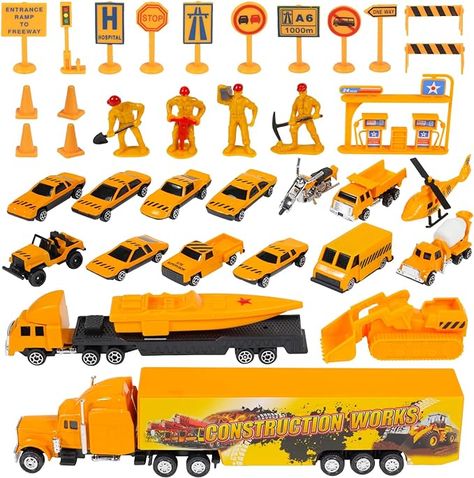 Amazon.com: Kidplokio 50pc City Construction Diecast Toy Cars Playset with Floor Mat, Yellow, Boys, Ages 3+ : Toys & Games Toy Car Garage, Expensive Toys, Best Christmas Toys, Hot Wheels Party, Toy Playset, Jungle Adventure, Boys Toys, Pretend Play Toys, Big Rig Trucks