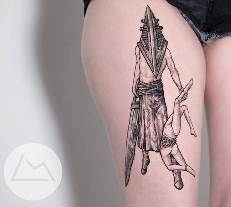 Silent Hill Tattoo, In My Restless Dreams, Hill Tattoo, Strong Tattoos, Tattoo Apprenticeship, Pyramid Head, Head Tattoo, Sweet Tattoos, Gothic Tattoo