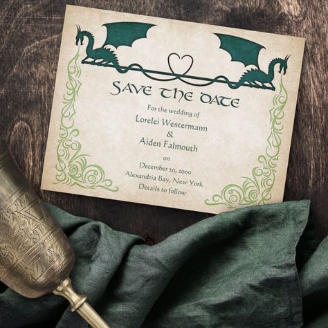 Any wedding would be better with a little dragon fire. The coordinating pieces of this dragonfire wedding invitation suite feature dragons and flames in ink with Celtic text on a parchment background. Perfect for your magical wedding, wizard wedding, Viking wedding, or epic fantasy wedding.   ***   Need to rearrange text or change text styles? Want to add wedding details to the back of the invite? All text and most text decorations are movable and removable. Just click "Personalize", then click Medieval Fantasy Wedding, Wizard Wedding, Fantasy Wedding Theme, Medieval Wedding Theme, Dragon Wedding, Nerd Wedding, Parchment Background, Pagan Wedding, Dragon Fire