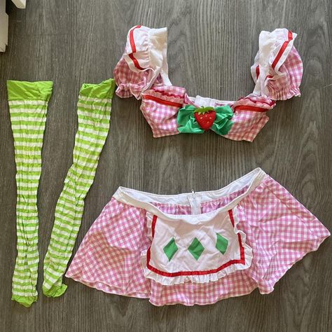 Leg Avenue Strawberry Shortcake 3 piece costume... - Depop Halloween Costumes Strawberry Shortcake, Strawberry Shortcake Halloween, Strawberry Shortcake Halloween Costume, Strawberry Shortcake Outfits, Leg Avenue Costumes, Strawberry Shortcake Costume, Large Skirt, Dorm Inspo, Spooky Szn