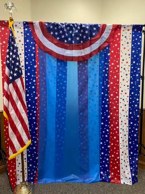 Photo backdrop using table covers Fourth Of July Photo Backdrop, 4th Of July Backdrop Photo Shoot, Usa Backdrop, Usa Football Theme Banner, 4th Of July Backdrop, Red White And Blue Fringe Backdrop, 4th Of July Photos, Back Drop, Photo Display