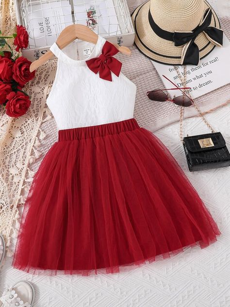 Red And White Party, Red White Outfit, Red And White Outfit, Modern Dans, Red White Dress, Kids Dress Collection, Shein Kids, Red And White Dress