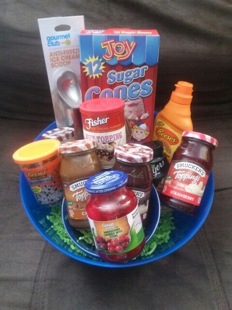 Ice Cream Sundae Basket Ideas, Ice Cream Sundae Raffle Basket, Ice Cream Raffle Basket Ideas, Ice Cream Basket Ideas, Ice Cream Gift Basket Ideas, Ice Cream Sundae Gift Basket, Ice Cream Basket, Ice Cream Gift Basket, Tricky Tray Baskets