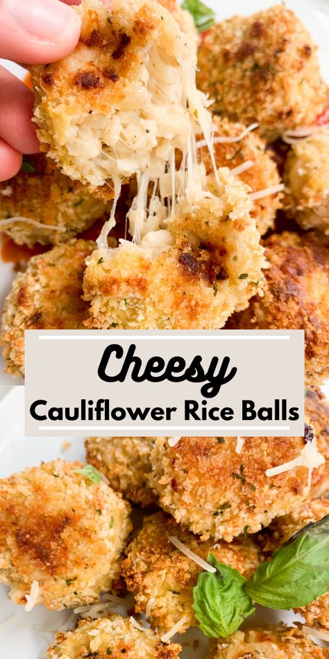 Cauliflower Rice Balls, Cheesy Cauliflower Rice, Atkins Snacks, Arancini Balls, Healthy Rice, Cauliflower Dishes, Cauliflower Rice Recipes, Cheesy Cauliflower, Cauliflower Bites