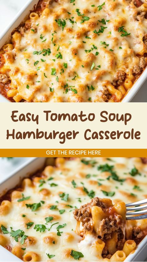 Looking for a comforting and delicious dinner idea? Try this easy hamburger casserole recipe that will satisfy your cravings. It's the perfect combination of ground beef, pasta, cheese, and tomato soup - simply irresistible! This hearty casserole is great for busy weeknights or lazy weekends when you want something tasty yet simple to make. Serve it with a side salad or some garlic bread for a complete meal the whole family will love. Cheeseburger Casserole With Tomato Soup, Hamburger Tomato Casserole Recipes, Tomato Hamburger Casserole, Ground Beef Recipes For Dinner Easy Soup, Ground Beef Tomato Soup Pasta, Hamburger Tomato Soup Casserole, Hamburger Mac And Cheese Soup, Hamburger Casserole With Tomato Soup, Ground Beef Recipes With Tomato Soup