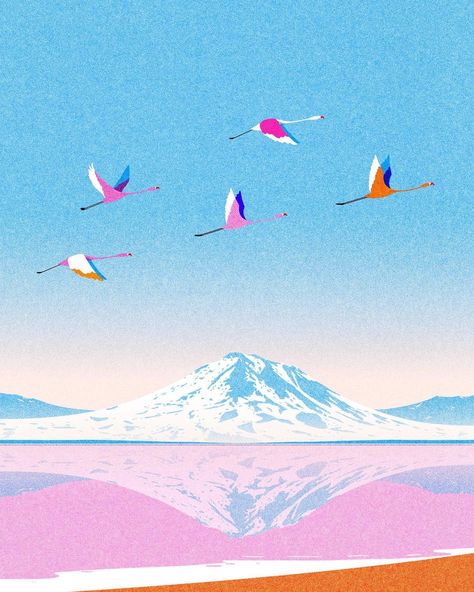 JULIE GUILLEM on Instagram: “Flamingos flying over the laguna 🦩💕 What are you favorite landscapes ? — . . . . . #flamingoillustration #landscapelovers…” Flying Flamingo Tattoo, Pink Landscape Illustration, Gradient Landscape Illustration, Reference Tattoo, Flying Illustration, Flying Flamingo, Flamingo Flying, Flamingo Logo, Flamingo Vector Illustration