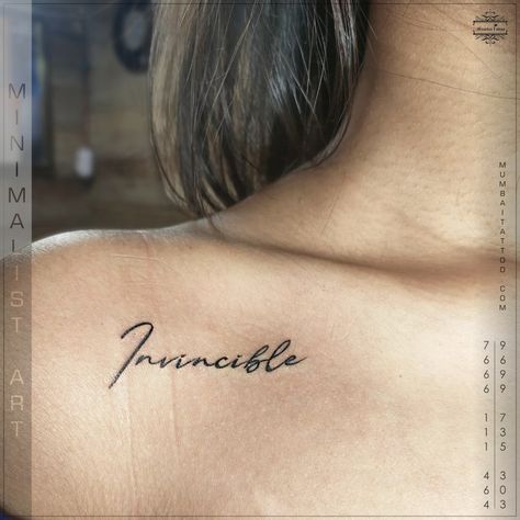 Invincible tattoo minimalist design small tattoo near collar bone done by big guys at Mumbai tattoo piercing shop Mumbai #9699735303 #mumbaitattoo #tattooshop #smalltattoo #tattoostudio #mumbaitattooshop #mumbaitattoostudio #tattooart #tattooz #invincible #invincibletattoo #collarbonetattoo #girl #girlswithtattoos #girlwithpower #mumbai #marinelines #metrocinema #sunlightbar #maohotel #brandfactory #besttattooartist #sister Tattoo Designs Collar Bone For Women, Collar Bone Tattoo Name Fonts, One Word Collar Bone Tattoo, Tattoo Designs For Collar Bone, Word Tattoos Collar Bone, Collar Bone Word Tattoos For Women, Invincible Tattoo Words, Invincible Tattoo Design, Collar Bone Tattoo Quotes For Women