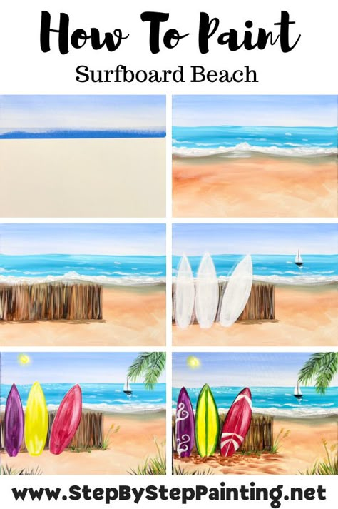 Surfboard Painting - Acrylic Painting Tutorial Online Diy Surfboard Painting, Beach Landscape Painting Easy, Summer Painting Tutorial, Surf Board Painting On Canvas, Step By Step Beach Painting, Surfboard Painting On Canvas, Tropical Painting Easy, Summer Acrylic Painting, Surf Art Painting