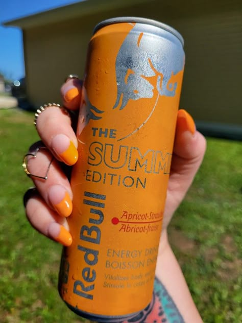 Redbull summer edition, orange tips, gel nails Redbull Nails, Baddie Pics Aesthetic, Redbull Energy Drink, Dear Heart Why Him, Orange French Tip, Bull Monster, Orange Tips, Red Bull Energy Drink, 90s Food