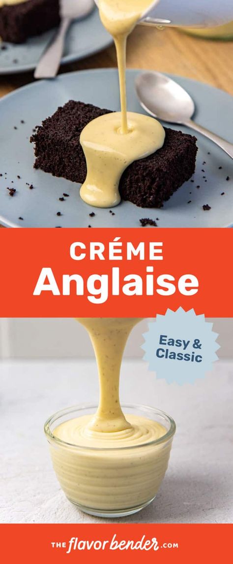 A creamy, delicious, and easy to make vanilla creme anglaise (or pouring custard)! It pairs well with so many types of dessert too. Versatile recipe that is easy to adapt for different variations. #CremeAnglaise #PouringCustard #EnglishCustard #desserts #Custard Vanilla Creme Fraiche, Creme En Glaze, Cream Anglaise Recipes, Cream Anglaise Sauce, Custard Flavors, Cream Anglaise, Custard Sauce Recipe, Marinade Sauces, Creme Anglaise Recipe