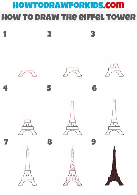 How to Draw the Eiffel Tower - Easy Drawing Tutorial For Kids Eiffel Tower Drawing Tutorial, Eifell Tower Draw Easy, Effiel Tower Drawing Easy, Effie Tower Drawing, How To Draw Eiffel Tower Step By Step, French Drawing Ideas, Paris Easy Drawing, How To Draw A Building Step By Step, Effelle Tower Drawing