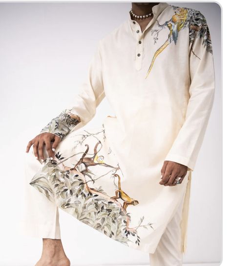 Paint Monkey, Gents Kurta Design, Gents Kurta, Kurta Set For Men, Wedding Outfit Men, Hand Painted Fabric, Dress Suits For Men, Bengal Tiger, Paint Types