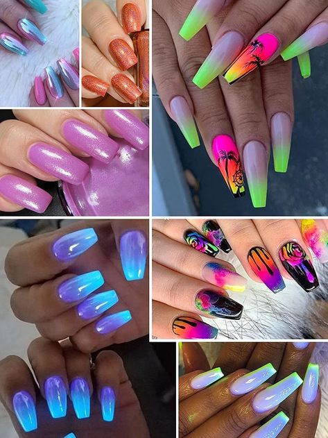 Neon Powder Nails, Pigment Powder Nails Designs, Pigment Powder Nails, Color Powder Nails, Nail Pigment Powder, Fluorescent Nails, Neon Eyeshadow, Chrome Nail Powder, Powder Manicure