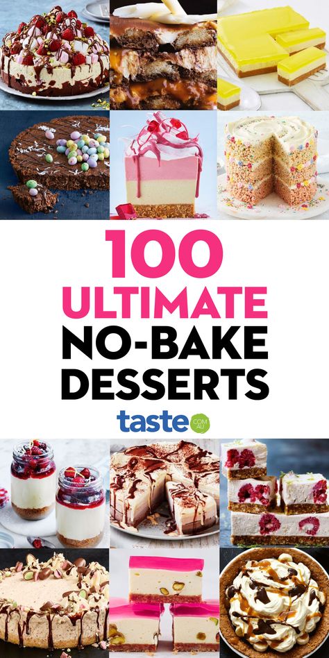 From easy cheesecakes to cheat’s cakes, frozen winners to best-ever slices, we’ve got all the lazy no-bake sweet recipes you need. #baking #dessert #sweets #cake #australia #australian #australianrecipes Non Cook Desserts Easy Recipes, Meal Train Desserts, Easy Non Bake Desserts, Really Good Desserts, Non Bake Dessert, Sweet Ideas Desserts, Cheat Desserts, No Bake Sweets, Easy Cheesecakes