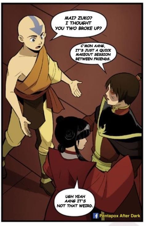 I know this dialogue is edited but I thought it was funny because Mai and Zukos relationship in the comic is like this they kept holding hands and giving each other heart eyes despite being broken up Avatar Zuko And Mai, Mai And Zuko Fanart, Zuko X Mai, Zuko And Mai, Mai Avatar, Mai And Zuko, Avatar Zuko, Between Friends, Air Bender