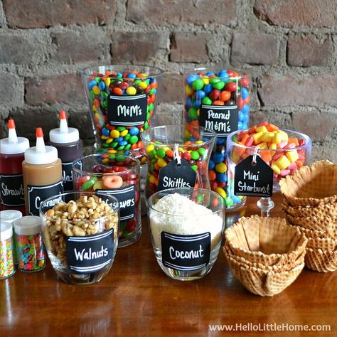 This Candy-Covered DIY Ice Cream Sundae Bar is an easy way to create summer time fun! | Hello Little Home #ShareFunshine #PartyIdea Candy Bar Set Up Display, Simple Ice Cream Bar, Candy Bar For Birthday Party, Ice Cream Bar At Wedding, Candy Bar Ideas Birthday, Dessert Bars Party Display, Easy Catering Food Ideas, Sundae Bar Wedding, Kids Candy Bar