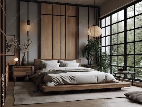 Minimalist Japandi Bedroom, Wabi Sabi Interior Bedrooms, Modern Tropical Bedroom, Minimalist Japanese Bedroom, Traditional Japanese Bedroom, Modern Japanese Bedroom, Bedroom Japanese Style, Japandi Style Bedroom, Wyoming House