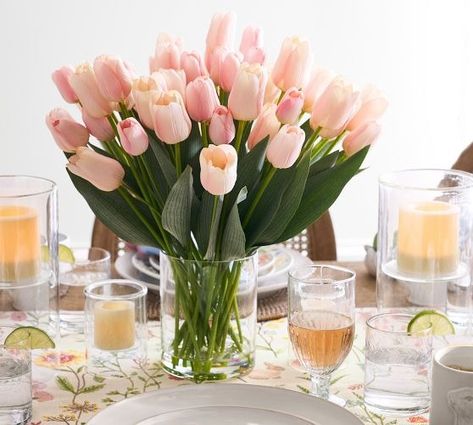 Artificial Plants| Faux Plants & Faux Flowers | Pottery Barn Easter Table Setting Ideas, Faux Tulips, Easter Table Setting, Table Floral Arrangements, Tulip Vase, Tulips Arrangement, Table Setting Ideas, Valentine Table Decorations, Easter Table Settings