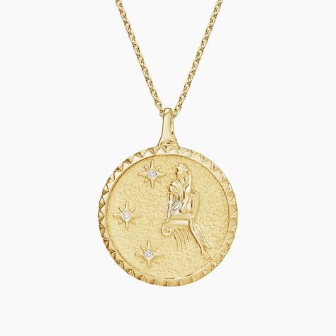 Virgo Zodiac Diamond Pendant - 14K Yellow Gold. A woman embossed on a disc adorned with three starlike diamond accents empowers this medallion and its wearer with the characteristics of the Zodiac earth sign Virgo: creative, reliable, observant.     An impression in the symbolic shape of the Virgo sign is carved into the textured second side while a single flush set diamond shines through from the front to the back, adding versatility to this artistic design. Elegant Diamond Zodiac Sign Jewelry, Diamond Zodiac Sign Necklaces, Zodiac Signs Pendant, Virgo Pendant, Gold Plated Zodiac Sign Pendant Jewelry, Flush Set Diamond, Virgo Sign, Virgo Zodiac, Zodiac Necklaces