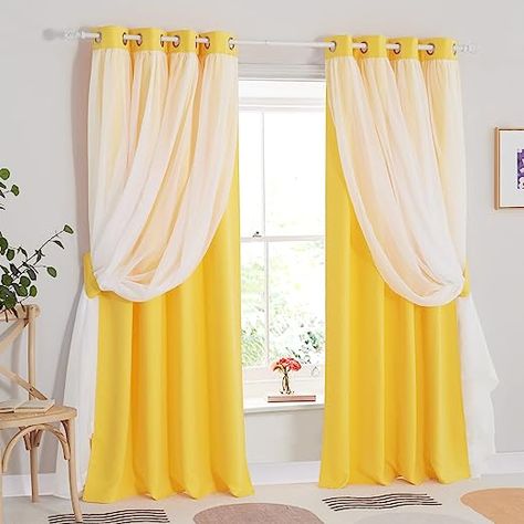 Amazon.com: PONY DANCE White Blackout Curtains - Curtains 84 inches Long with Sheer Overlay Nursery Panels for Bedroom/Living/Dining Room, 52 W by 84 L, Lemon Yellow, 2 Pieces : Home & Kitchen Yellow Curtains Bedroom, Yellow Curtains Living Room, Golden Curtains, Fancy Curtains, Valances For Living Room, Yellow Drapes, Curtains Style, White Blackout Curtains, Yellow Curtains