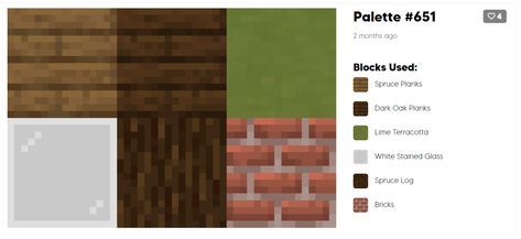 Minecraft Oak Wood Palette, Block Pallet Ideas Minecraft Spruce, Minecraft Spruce Block Palette, Minecraft Block Palette Oak, Minecraft Acacia Palette, Spruce Block Pallet Minecraft, Minecraft Spruce Palette, Minecraft Brick Palette, Minecraft Color Palette